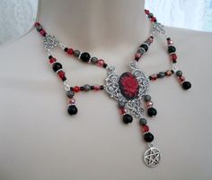 Gothic Rose Pentacle Necklace wiccan jewelry pagan by Sheekydoodle Adjustable Red Gothic Jewelry, Gothic Dangle Necklaces As Gifts, Gothic Dangle Necklaces For Gifts, Gothic Dangle Necklace For Gift, Red Gothic Metal Necklace, Handmade Gothic Choker Jewelry, Unique Silver Jewelry With Black Beads, Gothic Silver Jewelry With Black Beads, Gothic Jewelry Gift