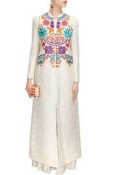 This plazzo suit is featuring in a white self embroidered jacket kurta in chanderi with multicolour floral work bodice. This plazzo suit comes along with white embroidered pants with floral waist band. Plazzo Set, Plazzo Suit, Dress India, Curated Outfit, Abaya Style, Floral Work, Desi Clothes, Embroidered Pants, Indian Couture