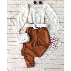 Square Neck Top and Pants Set - Momorii Square Collar Top, Puff Sleeve Tops, Top And Pants Set, Square Neck Top, Autumn Clothes, Leg Cuffs, Brown Pants