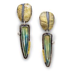 Gold, Silver & Stone Earrings - Notes of gold, olive and peach flash in these lovely labradorite earrings. Accented with 3mm white topaz, these post earrings are constructed of sterling with 18k gold accents.  These one-of-a-kind earrings are exclusive to Artful Home. Professional Gifts, Labradorite Earrings, Artful Home, Wall Sculpture Art, Labradorite Stone, White Topaz, Stone Earrings, Gold Accents, Post Earrings