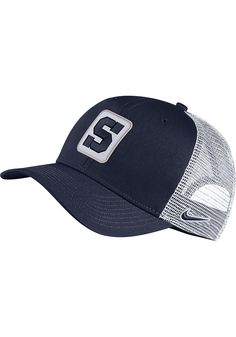 This Penn State Nittany Lions Navy Blue Adjustable Hat features a front team logo. Nike C99 Adjustable Hat, Front embroidered team logo, 100% cotton twill material, 6-panel design with eyelets, Fabric strap closure, Side Nike Swoosh, Curved Bill, Low Crown, Unstructured, Imported Navy Baseball Cap With Logo Patch For Sports, Navy Collegiate Snapback Hat For Baseball Season, Blue Snapback Hat With Logo Patch For Sports, Navy Collegiate Hat For Baseball Season, Collegiate Navy Hat For Baseball Season, Navy Fan Gear Cap, Sporty Six-panel Trucker Hat For Fan Gear, Navy Cap For Fan Gear, Blue Casual Snapback Hat For Fan Gear