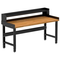 a black workbench with a wooden top and metal legs on an isolated white background