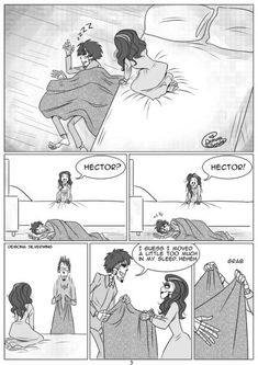 a comic strip with an image of a man and woman in bed talking to each other