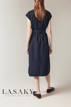 Elegant Navy Shirt Dress For Spring, Navy Shirt Dress For Spring Workwear, Chic Navy Shirt Dress For Spring, Blue Shirt Dress With Pockets For Work, Elegant Navy Shirt Dress For Summer, Office Cotton Belted Dresses, Cotton Belted Office Dress, Casual Cotton Office Dress, Casual Shirt Dress With Relaxed Fit For Office