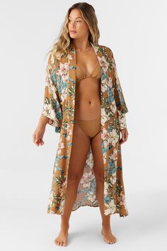 Cute and flowy kimono-style cover-up that's ready to wear over your favorite swimsuit. It has an oversized, relaxed fit, sheer viscose crinkle fabric and allover print. O'Neill Women's kimono-style cover-up 47" In length Removable belt Sheer fabric Allover print print 100% Viscose Crinkle | O'Neill Women's Jackey Printed Kimono Dress in Tobacc Brw, Size M/Large, Viscose Printed Kimono, Loungewear Outfits, Loungewear Dresses, Spring Suit, Crinkle Fabric, Denim Sweater, Boho Kimono, Womens Kimono, Print Kimonos