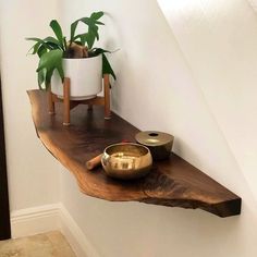 a wooden shelf with two bowls on it next to a potted plant and a gold singing bowl