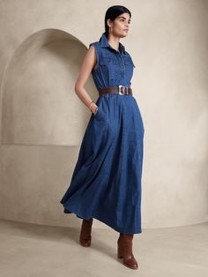 Impeccably crafted with the most thoughtful utilitarian details, like patch pockets and shoulder epaulets, this rugged dress has a delightfully soft texture from 100% cotton and a beautifully paneled skirt with extra room for flared drama.  FIT & FLA Denim Dress Outfit Fall, Denim Dress Outfit, Party Dress Inspiration, Long Denim Dress, Sleeveless Denim Dress, Side Chest, Maxi Dress Outfit, Denim Maxi Dress, Fall Dress Outfit