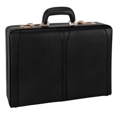 a black leather briefcase with gold handles