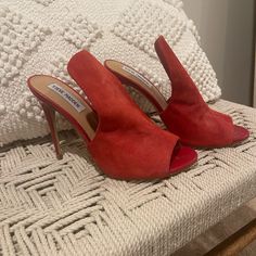 Steve Madden Red Hot Heels - Size 8 1/2 Never Worn! Suede Upper Red Open Toe Heels With Sculpted Heel, Red Open Heels With Sculpted Heel, Red Open Heel With Sculpted Heel, Red Open Heel Heels With Deep Heel Cup, Red Open Heel With Sculpted Design, Red High Heel Shoes With Branded Heel Counter, Suede High Heels With Red Sole, Red Closed Toe Heels With Sculpted Heel, Chic Slip-on Heels With Red Sole