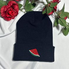 Watermelon embroidered beanie made to order This is not a patch! The stitches are embroidered directly onto the beanie. One size fits most. - Form fitting shape - 100% acrylic knit - 12" knit - Adjustable cuff, shown as 3" Casual Black Acrylic Beanie, Casual Acrylic Beanie One Size, Adjustable Acrylic Beanie Cap, Adjustable Acrylic Beanie, Trendy Black Acrylic Hats, Adjustable One-size Acrylic Beanie, Cotton Knitted Beanie, Casual Beanie With Embroidered Logo, Black Embroidered Beanie One Size