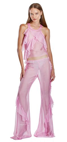 Sheer Pink Bottoms For Spring, Sheer Feminine Bottoms For Party, Sheer Feminine Party Bottoms, Feminine Sheer Party Bottoms, Elegant Pink Silk Bottoms, Chic Silk Bottoms With Ruffles, Chic Pink Silk Bottoms, Feminine Pink Silk Bottoms, Elegant Silk Bottoms With Ruffles