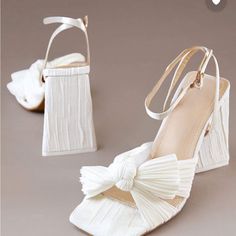 Brand New, Only Worn To Try On Chic Wedding Sandals For Summer, Elegant Fabric Heels With Heel Strap, Spring Beige Heels With Bow, Spring Beige Bow Heels, Elegant Heels With Padded Heel For Vacation, Chic Spring Heels With Bow, Beige Heels With Bow For Summer, Summer Beige Heels With Bow, Beige Bow Heels For Summer