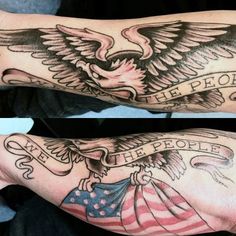 two men's arms with american flag and eagle tattoos on their arm, one has the words we the people