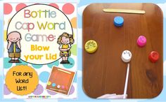 two children's books with buttons on them, and a wooden board that says spot the word game blow your lub