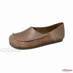 Qteee - Artisan-Crafted Genuine Leather Retro Round Toe Comfortable Soft Sole Cowhide Loafers Brown Closed Toe Casual Flats, Casual Brown Closed Toe Flats, Comfortable Brown Flats With Flat Bottom, Comfortable Brown Flats With Rubber Sole, Comfortable Brown Slip-ons With Textured Sole, Casual Flats With Soft Sole, Brown Slip-ons With Rubber Sole And Flat Bottom, Comfortable Brown Flats With Textured Sole, Brown Comfortable Flats With Removable Insole