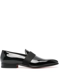 black calf leather patent finish almond toe strap detailing branded insole flat leather sole slip-on style Formal Slip-on Loafers With Red Sole, Elegant Patent Leather Slip-ons For Business, Sleek Patent Leather Loafers With Leather Sole, Formal Patent Leather Slip-on Shoes, Luxury Slip-ons For Formal Occasions, Formal Patent Leather Loafers With Glossy Finish, Formal Patent Leather Loafers With Leather Sole, Black Patent Leather Monk Strap Shoes For Business, Sleek Patent Leather Slip-on Loafers