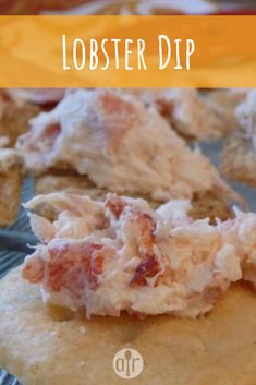 lobster dip on crackers with text overlay