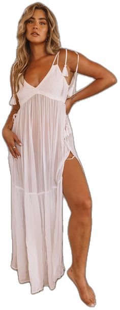 Beachwear Dresses With Split For Beach Cover-up, V-neck Beach Dress With Lace Trim, Bohemian Sheer V-neck Cover-up, V-neck Beach Dress With Lace Trim As Cover-up, V-neck Beach Dress For Beach Wedding, V-neck Maxi Dress With Tassel Ties For Vacation, Bohemian Sheer V-neck Maxi Dress, Sheer V-neck Beach Cover-up, Lace Maxi Dress For Beach Cover-up