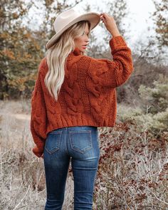 Rust Sweater Outfit, Cuddle Weather, Rust Sweater, Cable Knit Turtleneck, Batwing Top, Cable Knit Turtleneck Sweater, Simple Bangle, Fall Clothes, Knit Turtleneck