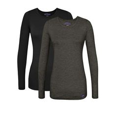 two women's long sleeved t - shirts in black and grey, front view