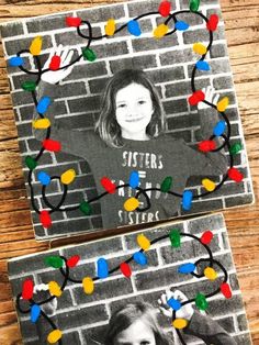 two personalized christmas cards with lights on them and a brick wall in the background