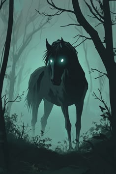 a horse standing in the middle of a forest with glowing eyes on it's face