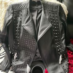 I Bought This Leather Jacket For $600 Originally, It’s Brand New Never Worn. It Still Has Tags On It. I Am Selling It For $300 It Is Not Negotiable. Designer Winter Outerwear With Rivets, Designer Leather Jacket With Rivets For Fall, Designer Biker Jacket With Rivets For Fall, Luxury Biker Jacket For Party, Luxury Long Sleeve Biker Jacket For Party, Luxury Fall Outerwear With Rivets, Designer Leather Jacket For Night Out, Designer Leather Jacket For Party, Designer Long Sleeve Leather Jacket For Night Out