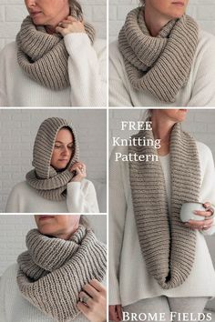 four pictures showing how to knit a cowl scarf with the same knitting pattern and instructions