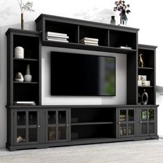 PRICES MAY VARY. With smooth line, pure color and tempered glass, this TV stand set will add an atmosphere of understated luxury to your living room. This wall unit features a 66 inch console, two pier units and an overhead bridge providing ample storage options. Reasonable use of cabinet space. TV cabinet, bookshelf, wine cabinet, display cabinet are all in one, creating own style of exquisite life. To ensure the stability and long-term usage, the main body is manufactured of particle board. Eq Tv Console Modern, Tv Stand Set, Entertainment Wall Units, Practical Style, Living Room Entertainment Center, Tv Console Table, Entertainment Wall, Living Room Entertainment, Tempered Glass Door