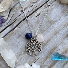 Silver Tree of Life Necklace for Grounding with Rose Quartz and Lapis Lazuli Spiritual Nickel-free Necklace For Gifts, Spiritual Personalized Necklace For Blessing, Engraved Spiritual Necklaces For Healing, Tree Of Life Pendant Necklace For Healing, Adjustable Spiritual Charm Necklace With Round Pendant, Spiritual Charm Necklace With Adjustable Round Pendant, Adjustable Engraved Spiritual Necklaces, Personalized Healing Necklace, Engraved Adjustable Spiritual Necklaces