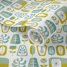 a green and yellow wallpaper with trees, leaves and circles on white background in an abstract pattern