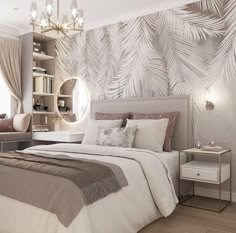 a bedroom decorated in white and grey with palm leaves on the wall