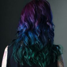 Peacock Hair Color Ombre, Peacock Color Hair, Blue Phoenix Hair, Peacock Colored Hair, Peacock Ombre Hair, Black Green And Blue Hair, Peacock Hair Color Peekaboo, Dark Mermaid Hair