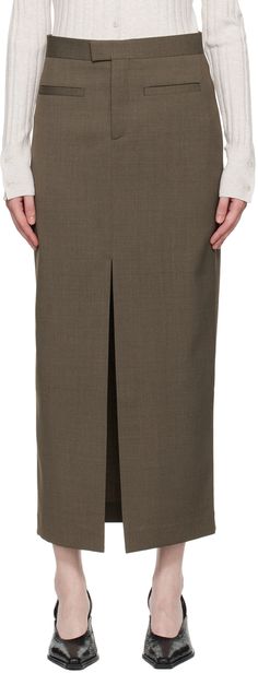 Slim-fit stretch polyester- and wool-blend delaine skirt. · Mid-rise · Two-pocket styling · Zip-fly · Central slit at front hem · Partial satin lining Supplier color: Driftwood Womens Bottoms, Apparel Accessories, Wool Blend, Maxi Skirt, Mid Rise, Slim Fit, Satin, Outfit Accessories, Skirt