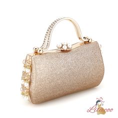 Polished elegance meets modern design in this exquisite handbag, perfect for adding a touch of glamour to any outfit. This bag features a sophisticated, shimmering gold exterior that exudes luxury and style. The standout design element is the array of delicate pearls adorning the top clasp and sides, adding a classic and timeless touch. The structured shape ensures it holds its form beautifully, whether you’re carrying it by the elegant handle or draping it over your shoulder with the detachable Gold Pearl Party Clutch, Party Gold Pearl Clutch, Gold Pearl Clutch For Parties, Elegant Handheld Bag For Wedding Guest, Elegant Handheld Bags For Wedding Guest, Elegant Handheld Evening Bag For Events, Luxury Pearl Clutch For Party, Gold Pearl Evening Bag For Events, Elegant Pearl Evening Bag For Party