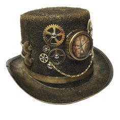 Inspired by the golden hues of the setting sun, the Golden Hour Steampunk Top Hat features a rich, golden-brown color palette that exudes sophistication and warmth. It's the epitome of timeless elegance and steampunk edginess, perfect for any time traveler or airship captain. Embrace your inner adventurer and step into a world of wonder with this extraordinary accessory that defies convention and invites admiration. Vintage Short Brim Costume Hats For Themed Events, Steampunk High Crown Mini Hat For Themed Events, Steampunk Mini Hats For Halloween, Steampunk Top Hat With High Crown For Themed Events, Steampunk High Crown Hat For Themed Events, Steampunk Brimmed Costume Hats For Themed Events, Steampunk Brimmed Hat For Themed Events, Steampunk Brimmed Hat For Halloween, Vintage High Crown Costume Hats For Themed Events