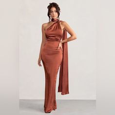 Club L London Mademoiselle Rust Backless Satin Asymmetric Scarf Neck Maxi Dress Features: New With Tags Size: Uk 10 Color: Rust Asymmetric Scarf Neck Backless Design Cowl Back Detail Premium Satin Fabric Fitted Asymmetrical Pre-draped Maxi Dress, Pre-draped One Shoulder Maxi Dress For Party, Fitted Pre-draped Asymmetrical Gown, Fitted Asymmetrical Pre-draped Gown, Asymmetrical Pre-draped Evening Dress For Prom, Fitted One Shoulder Bias Cut Dress For Evening, Pre-draped Asymmetrical Evening Dress For Prom, Cocktail Gown With Asymmetrical Pre-draped Style, Asymmetrical Pre-draped Cocktail Gown