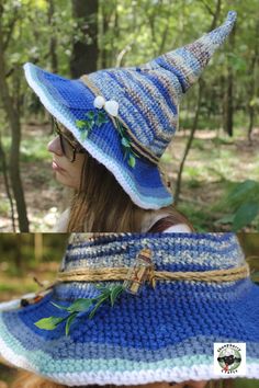 This witch hat is made in the colors of an ocean wave, with neat little decorations like a message-in-a-bottle, real seashells, and a fishing net-esque jute hatband. The hat is made with acrylic yarn, and a wired, adjustable brim. The yarn is flexible so the point can be adjusted downwards or straight up. Pattern by Morale Fiber Blue Bohemian Cap Hat, Whimsical Adjustable Crochet Hat For Beach, Handmade Beach Costume Hats And Headpieces, Adjustable Whimsical Costume Hats And Headpieces For Beach, Whimsical Mini Hats With Curved Brim For Beach, Whimsical Blue Costume Hats And Headpieces For Festival, Bohemian Adjustable Costume Hats And Headpieces For Beach, Whimsical Handmade Beach Hats, Bohemian Adjustable Costume Hats For Beach