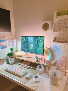 a computer monitor sitting on top of a white desk next to a keyboard and mouse