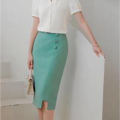 Charlotte's Seafoam Elegance Skirt Elegant Non-stretch Skirt For Office, Elegant Non-stretch Office Skirt, Elegant Non-stretch Lined Pencil Skirt, Fitted Green Skirt Solid Color, Elegant Non-stretch Pencil Skirt For Work, Fitted Long Pencil Skirt In Solid Color, Solid Color Office Skirt For Spring, Office Lady Pencil Skirt For Spring, Elegant Non-stretch Pencil Skirt