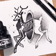 a drawing of a deer with a skeleton on it's body and some ink