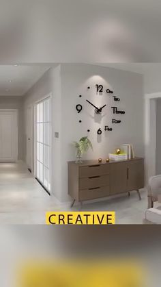 a living room filled with furniture and a clock on the wall