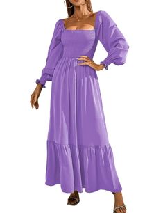 Purple Square Neck Pleated High Waist Maxi Dress Solid Long Sleeve Maxi Dress For Brunch, Long Sleeve Maxi Dress For Brunch, Long Sleeve Solid Maxi Dress For Brunch, Solid Color Long Sleeve Maxi Dress For Day Out, Long Sleeve Solid Color Maxi Dress For Day Out, Solid Maxi Dress For Fall Brunch, Solid Color Maxi Dress For Fall Brunch, Casual Purple Solid Color Dress, Fall Solid Color Maxi Dress For Day Out