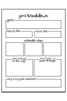 the goal breakdown worksheet is shown in black and white with handwritten notes