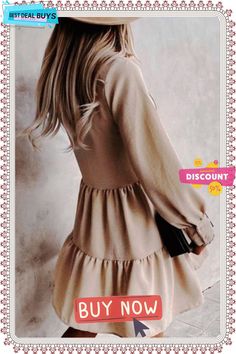 Button Layered Long Sleeve Mini Dress Chic Solid Color A-line Shirt Dress, Chic Button-up Dress For Casual Occasions, Chic Button-up Mini Dress With Covered Buttons, Chic Long Sleeve Midi Dress With Covered Buttons, Elegant Beige Button-up Dress, Spring Button-up Mini Dress, Casual Midi Dress With Buttons For Party, A-line Dress With Button Closure For Day Out, Elegant Dresses With Button Cuffs For Brunch