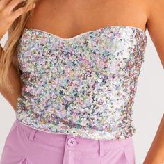 Super Cute Multicolored Strapless Sequin Top Chic Summer Tube Top With Sequins, Chic Sequined Summer Tube Top, Chic Summer Sequin Tube Top, Spring Strapless Sequin Tops, Strapless Sequin Tops For Spring, Purple Tube Top For Summer Party, Chic Fitted Multicolor Tube Top, Summer Sequined Bandeau Tops, Sequin Tube Top For Spring Party