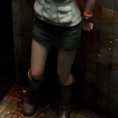 a woman in short shorts and boots standing on a tiled floor next to a urinal