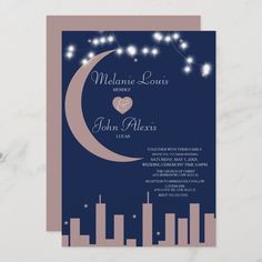 a wedding card with the moon and stars in the night sky above cityscape