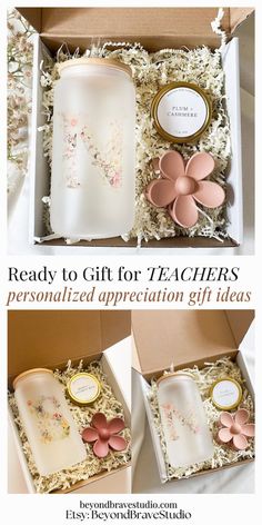 the teacher's personalized appreciation gift box is open and has flowers in it