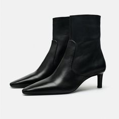 Heeled Genuine Leather Ankle Boots. Fitted Upper. Side Zip Closure. Pointed Toe. Heel Height: 2.8 Inches (7 Cm) Black | 2121/210 Sold Out Msrp $129 Composition Upper 100% Cow Leather Lining 85% Polyester 15% Polyurethane Sole 100% Rubber Insole 100% Goat Leather Black Heel Ankle Boots, Zara Ankle Boots, Knee High Wedge Boots, Tall Brown Leather Boots, Zara Heels, High Leather Boots, High Heel Boots Knee, Genuine Leather Boots, Black Heel Boots